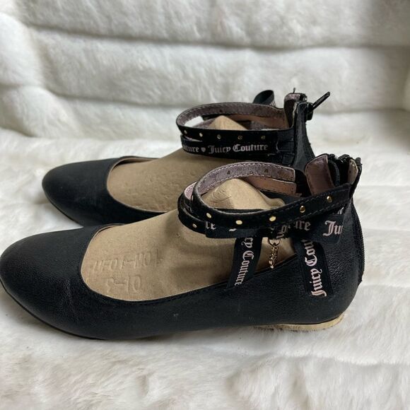 Juicy Couture girl’s black slip on flats three ankle straps gold tone studs SZ5 - Picture 2 of 8